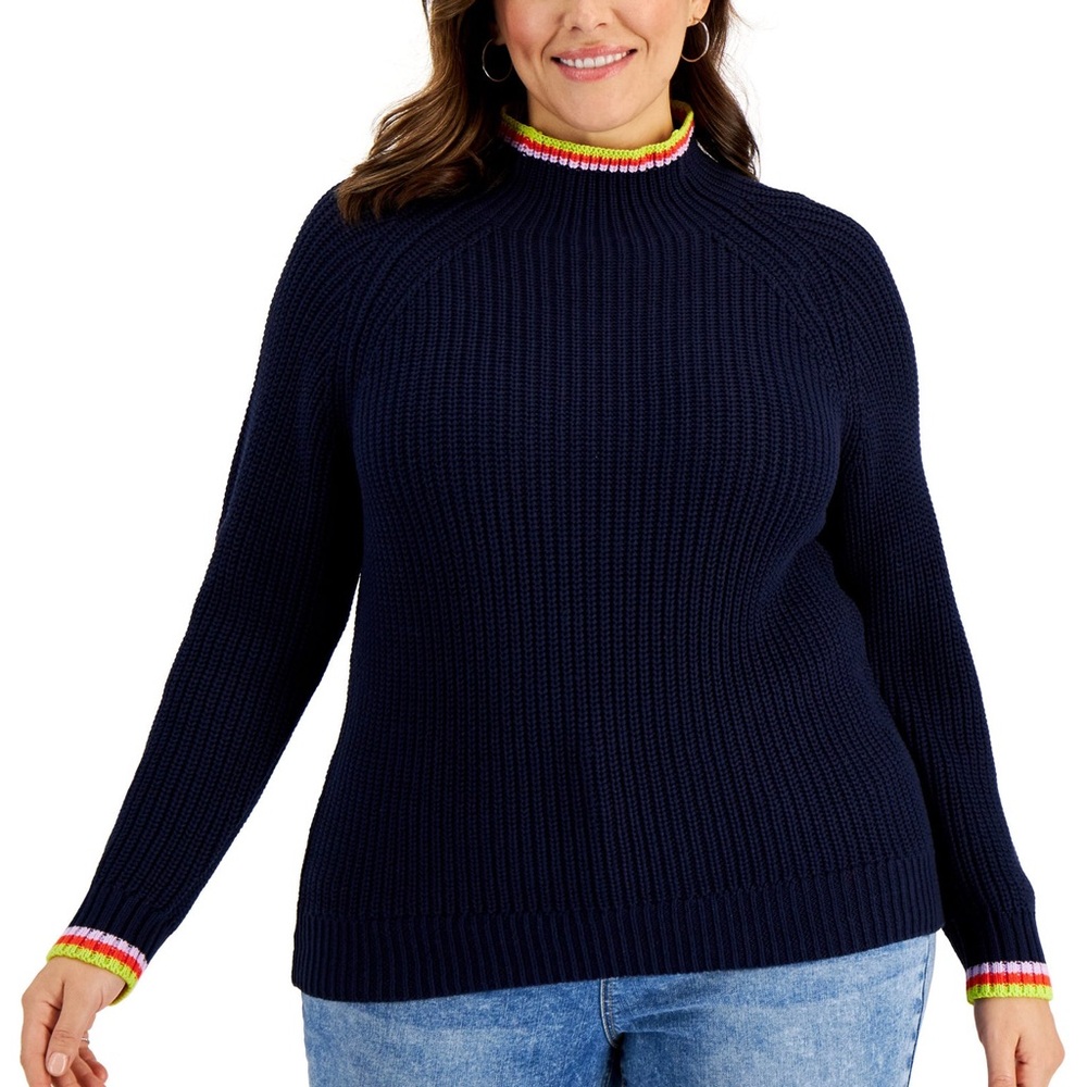 Style & Co Women's Cotton Striped-Detail Funnel-Neck Sweater Sz 3X Rainbow Trim - Picture 2 of 9